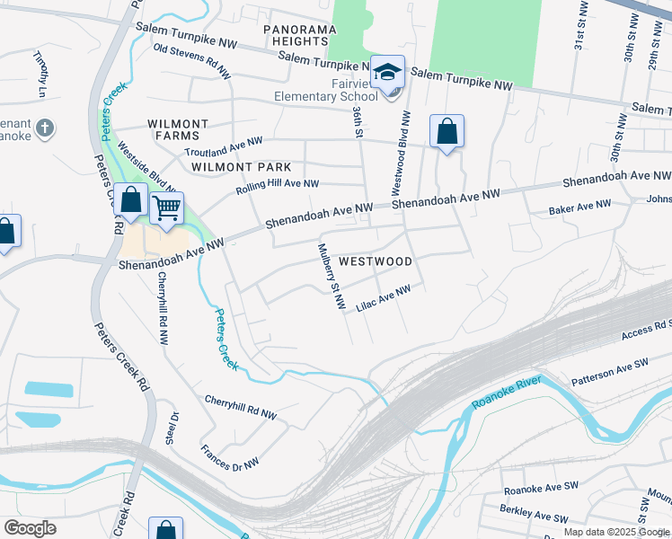 map of restaurants, bars, coffee shops, grocery stores, and more near 321 Mulberry Street Northwest in Roanoke