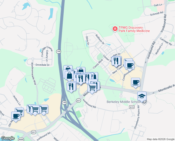 map of restaurants, bars, coffee shops, grocery stores, and more near 4971 Trailside in Williamsburg