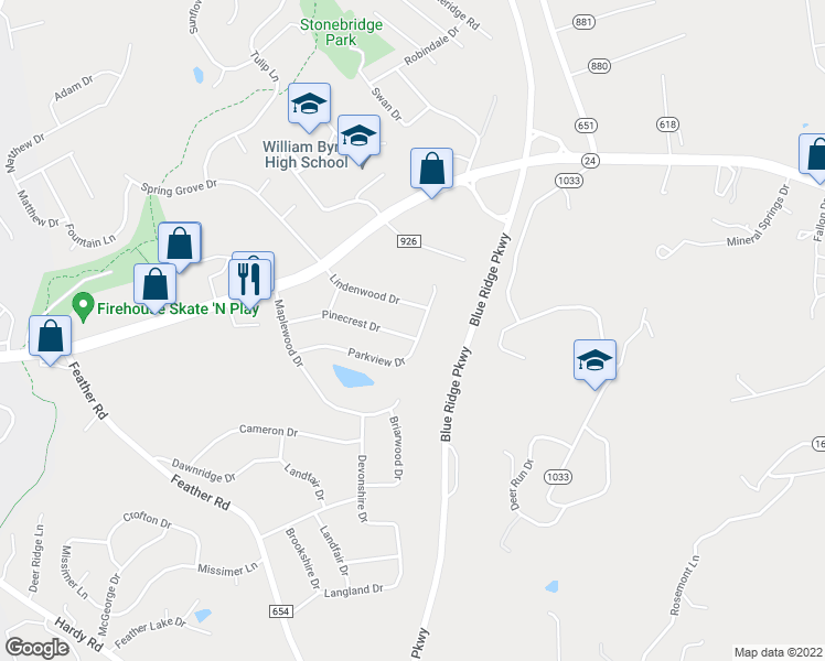map of restaurants, bars, coffee shops, grocery stores, and more near 2702 Parkview Drive in Vinton