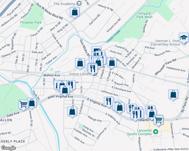 map of restaurants, bars, coffee shops, grocery stores, and more near 300 South Pollard Street in Vinton