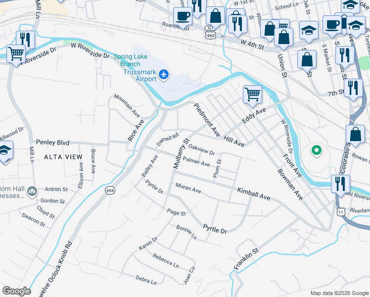 map of restaurants, bars, coffee shops, grocery stores, and more near 830 Oakview Drive in Salem