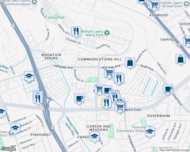 map of restaurants, bars, coffee shops, grocery stores, and more near 314 Araglin Court in San Jose