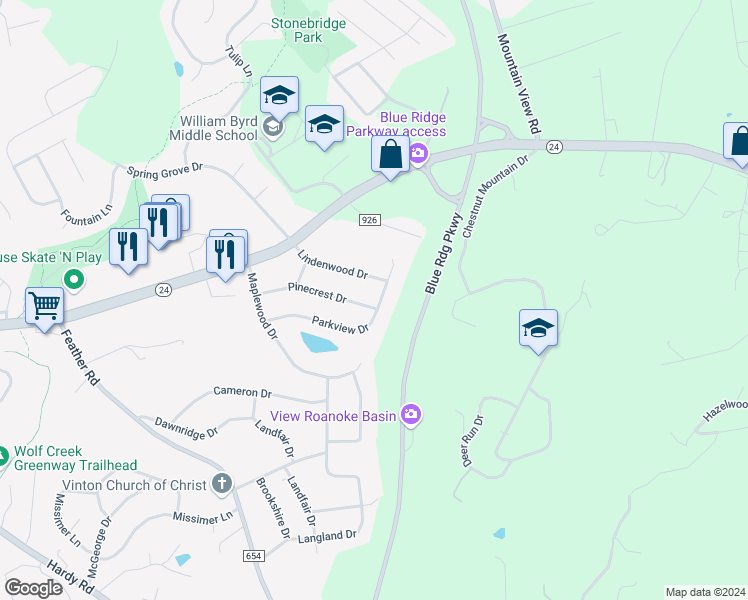 map of restaurants, bars, coffee shops, grocery stores, and more near 2702 Parkview Drive in Vinton