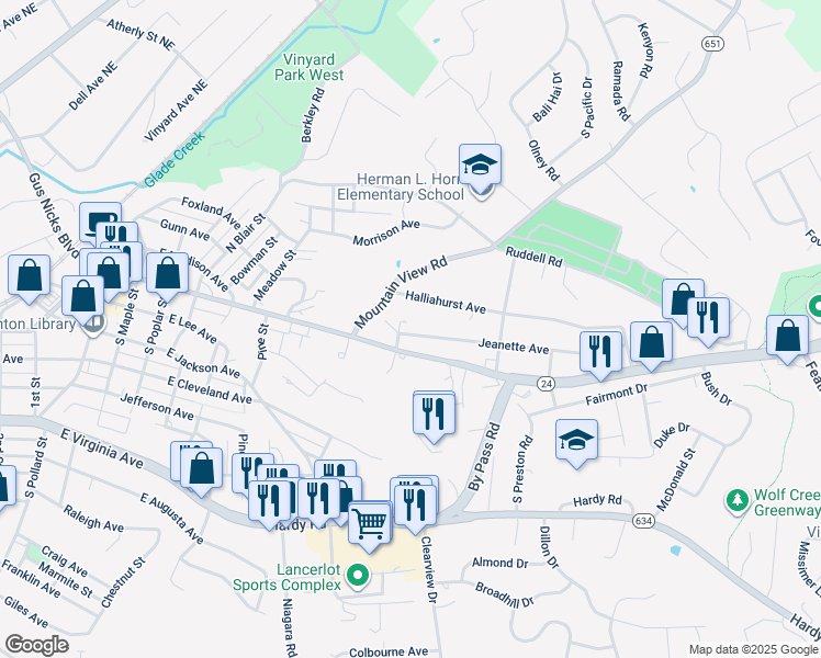 map of restaurants, bars, coffee shops, grocery stores, and more near 1006 Jeanette Avenue in Vinton