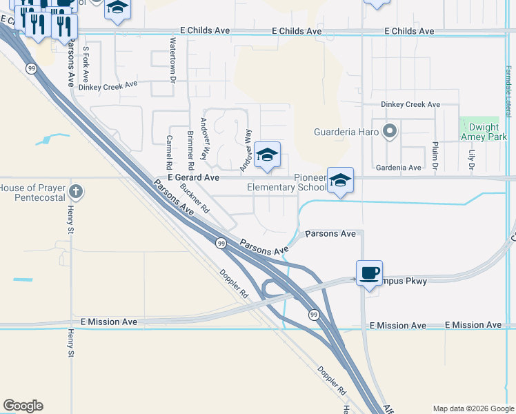 map of restaurants, bars, coffee shops, grocery stores, and more near 602 Laughlin Lane in Merced