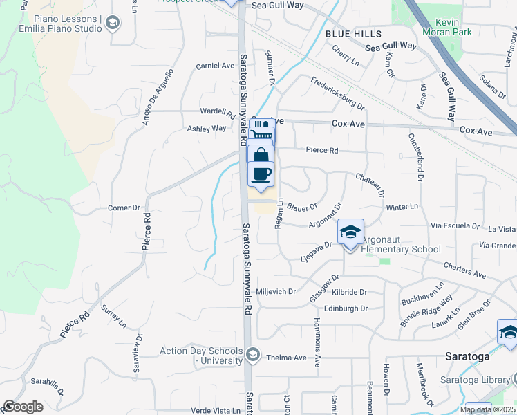 map of restaurants, bars, coffee shops, grocery stores, and more near 20341 Blauer Drive in Saratoga