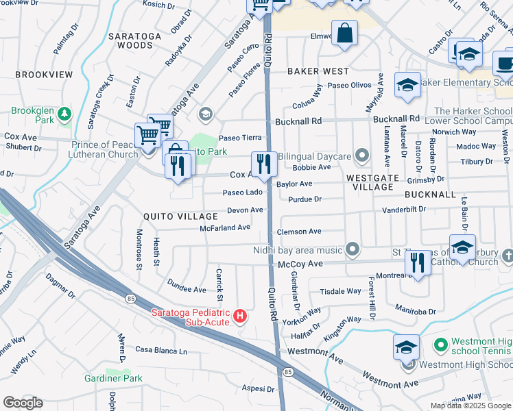 map of restaurants, bars, coffee shops, grocery stores, and more near 18549 Devon Avenue in Saratoga