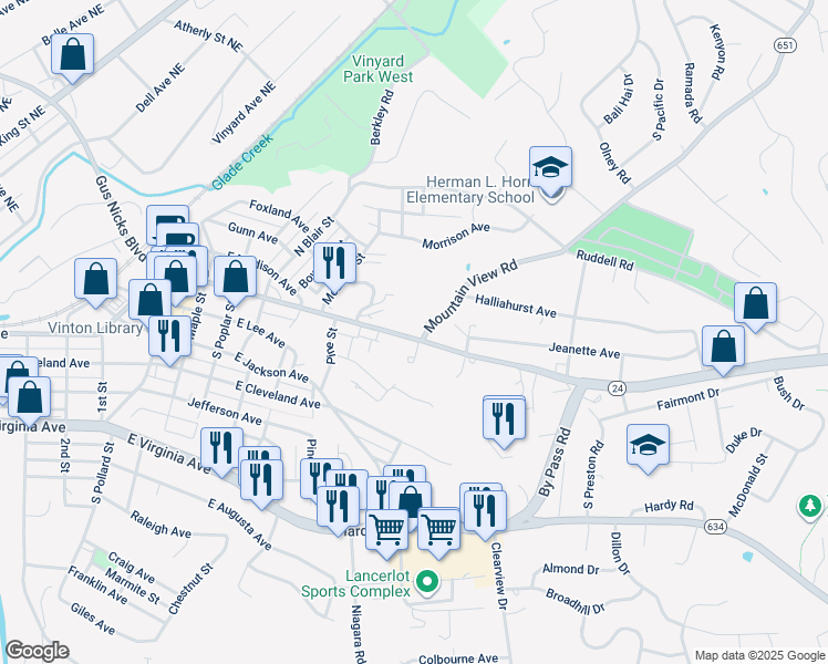 map of restaurants, bars, coffee shops, grocery stores, and more near 892 East Washington Avenue in Vinton