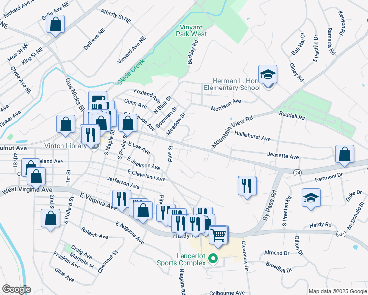 map of restaurants, bars, coffee shops, grocery stores, and more near 836 Washington Avenue in Vinton