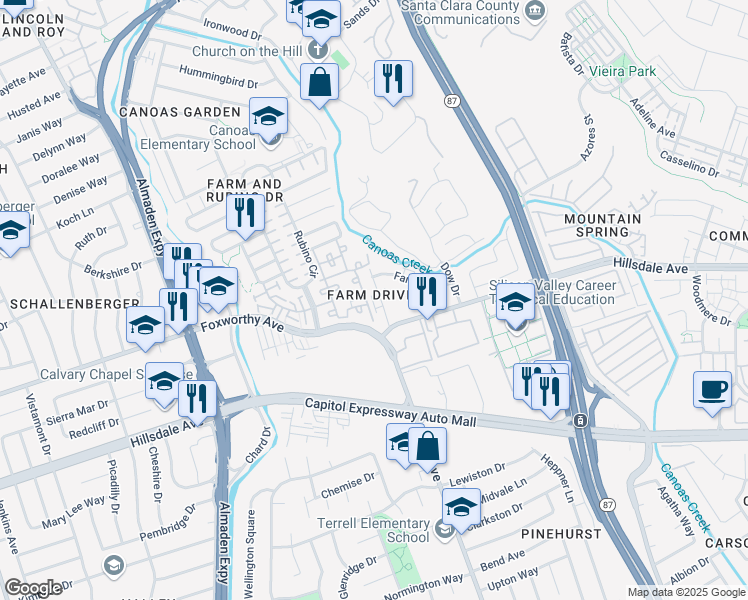 map of restaurants, bars, coffee shops, grocery stores, and more near 3075 Pearl Avenue in San Jose