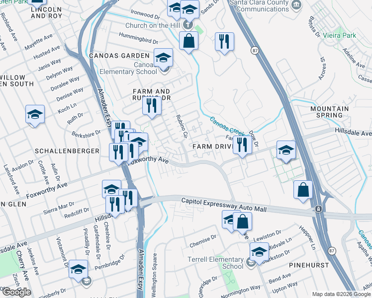 map of restaurants, bars, coffee shops, grocery stores, and more near 3200 Rubino Drive in San Jose