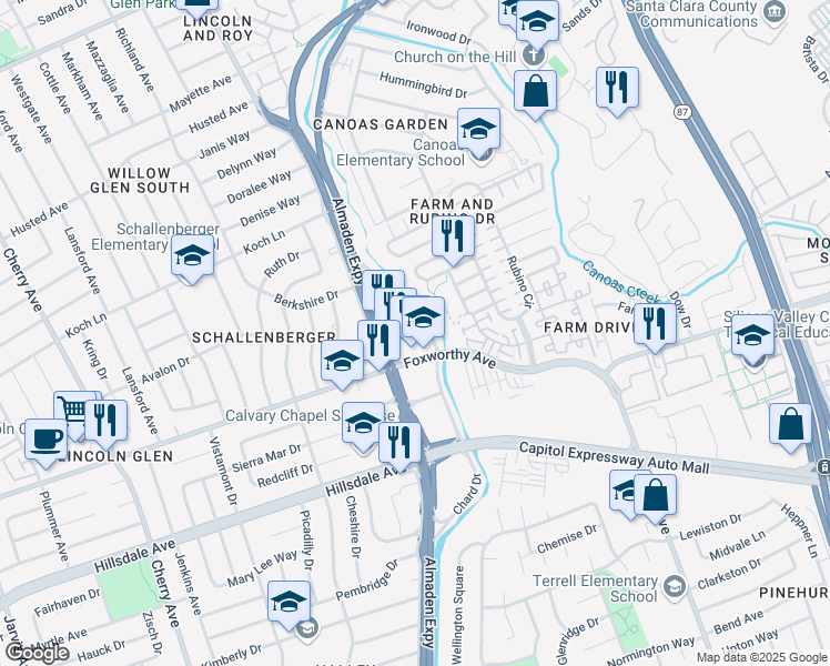 map of restaurants, bars, coffee shops, grocery stores, and more near 2905 Old Almaden Road in San Jose