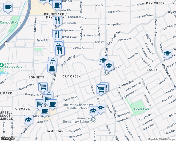 map of restaurants, bars, coffee shops, grocery stores, and more near 2338 Gunar Drive in San Jose