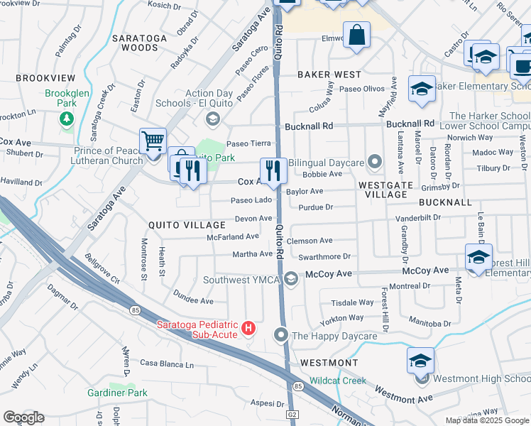 map of restaurants, bars, coffee shops, grocery stores, and more near 18549 Devon Avenue in Saratoga