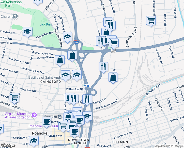 map of restaurants, bars, coffee shops, grocery stores, and more near 710 Williamson Road Northeast in Roanoke