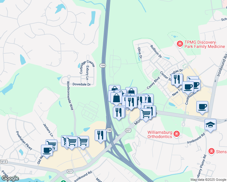 map of restaurants, bars, coffee shops, grocery stores, and more near 1003 Holmes Court West in Williamsburg