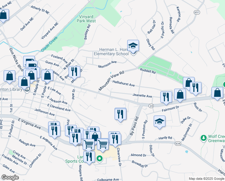 map of restaurants, bars, coffee shops, grocery stores, and more near 1002 Jeanette Avenue in Vinton