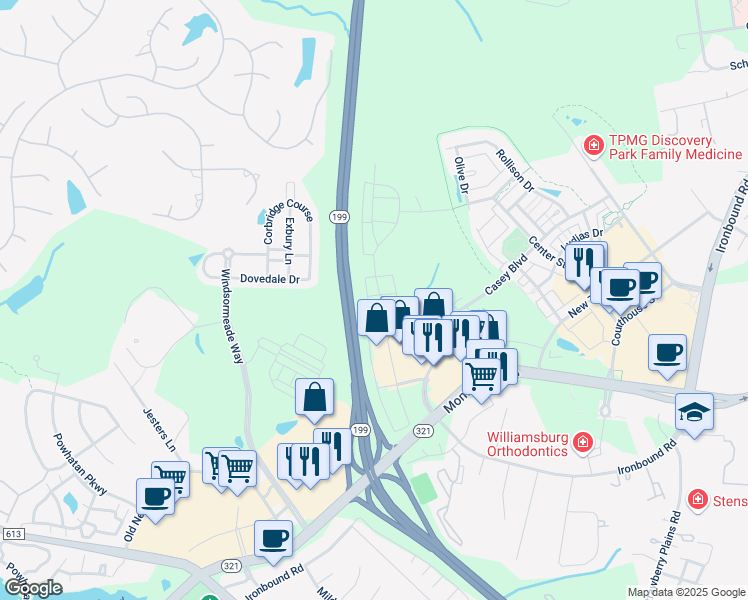 map of restaurants, bars, coffee shops, grocery stores, and more near 1003 Holmes Court West in Williamsburg