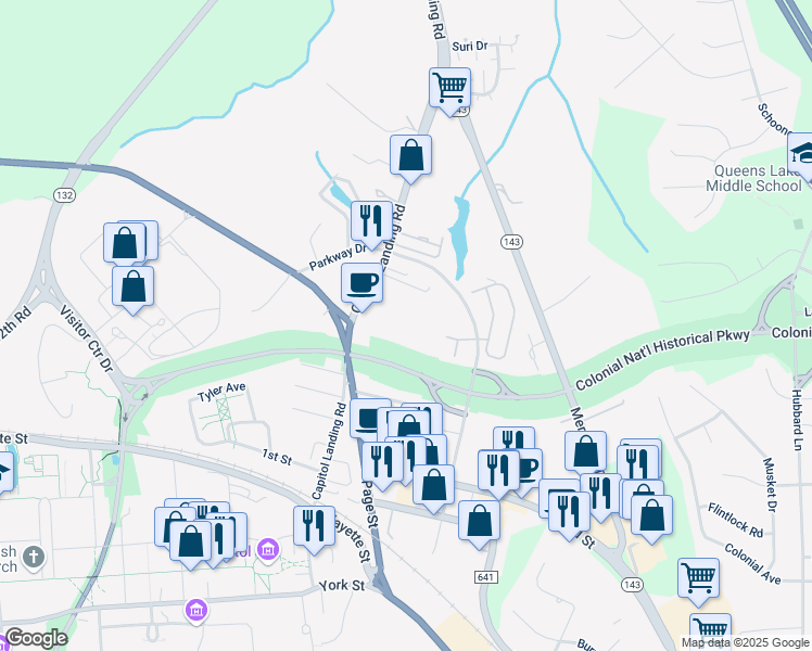 map of restaurants, bars, coffee shops, grocery stores, and more near 804 Capitol Landing Road in Williamsburg