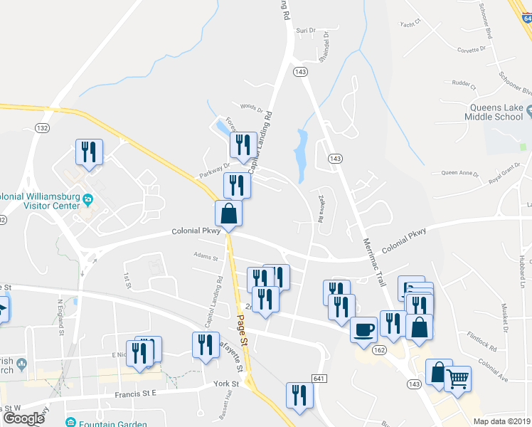 map of restaurants, bars, coffee shops, grocery stores, and more near 804 Capitol Landing Road in Williamsburg