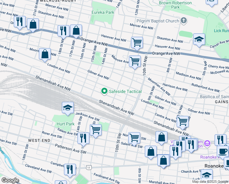 map of restaurants, bars, coffee shops, grocery stores, and more near 216 12th Street Northwest in Roanoke