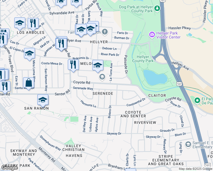 map of restaurants, bars, coffee shops, grocery stores, and more near 560 Coyote Road in San Jose