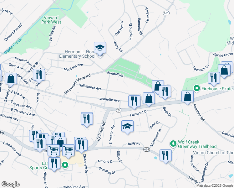 map of restaurants, bars, coffee shops, grocery stores, and more near 1117 Halliahurst Avenue in Vinton