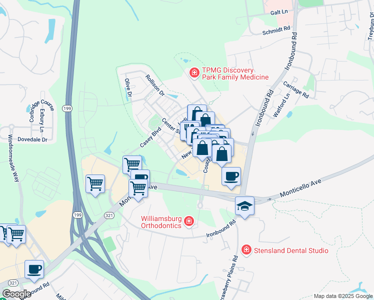 map of restaurants, bars, coffee shops, grocery stores, and more near 4225 New Town Avenue in Williamsburg