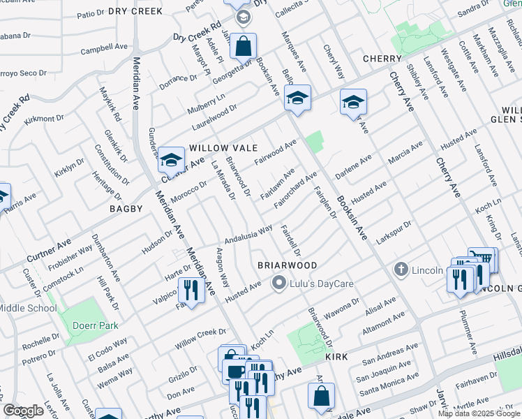 map of restaurants, bars, coffee shops, grocery stores, and more near 1665 Fairorchard Avenue in San Jose