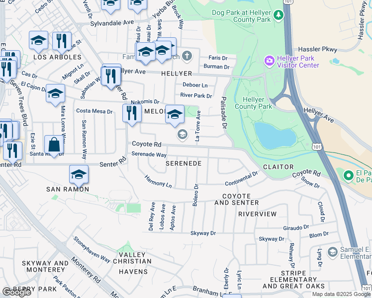 map of restaurants, bars, coffee shops, grocery stores, and more near 560 Coyote Road in San Jose