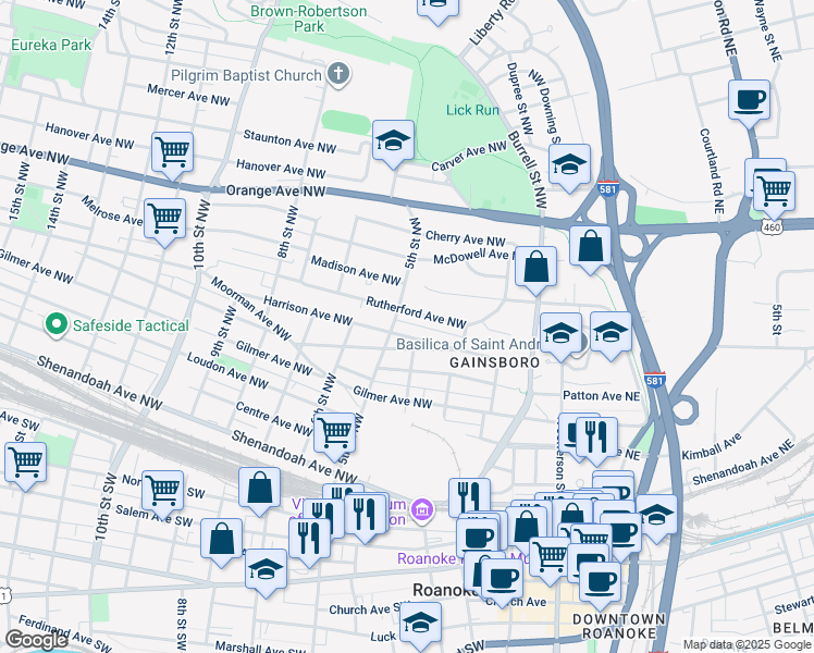 map of restaurants, bars, coffee shops, grocery stores, and more near 411 Harrison Avenue Northwest in Roanoke