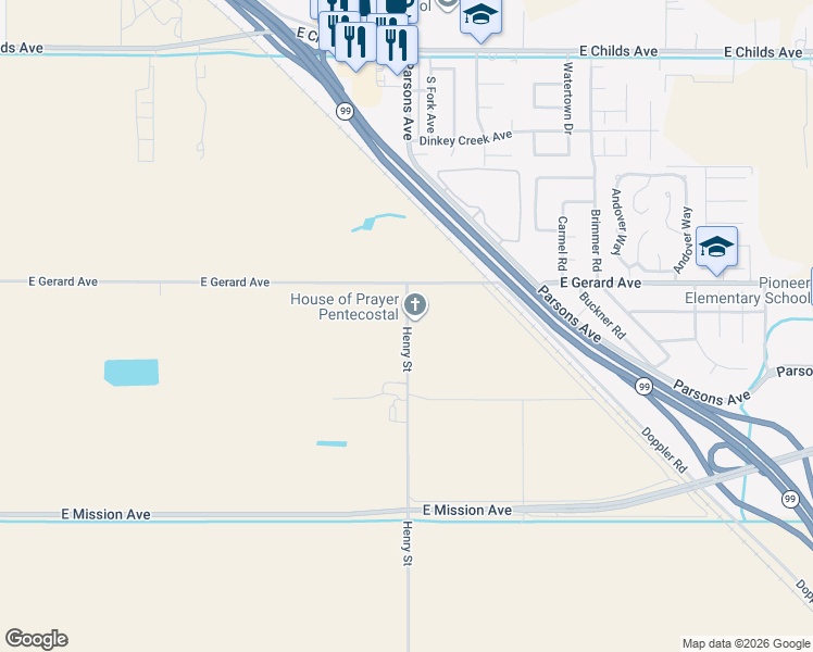 map of restaurants, bars, coffee shops, grocery stores, and more near 590 Henry Street in Merced