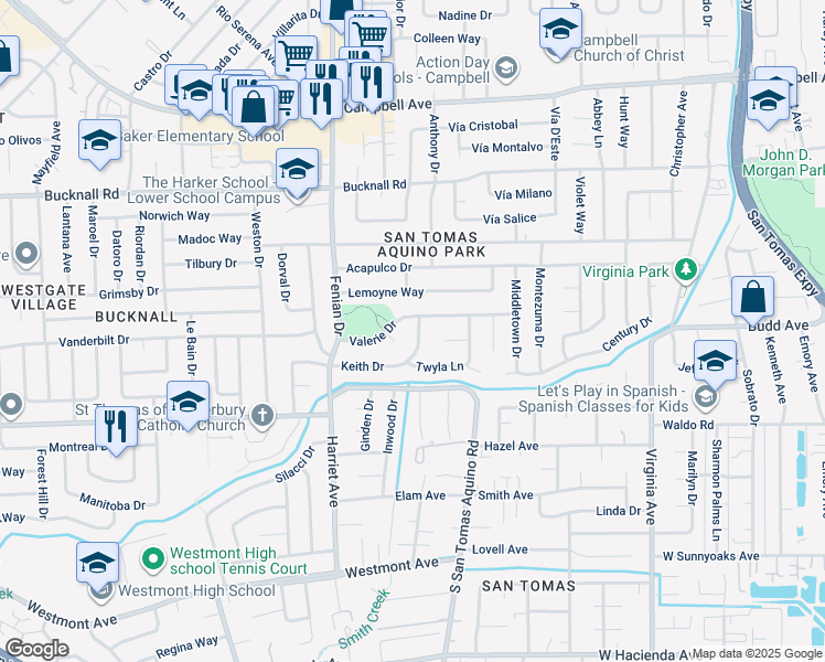 map of restaurants, bars, coffee shops, grocery stores, and more near 4065 Keith Drive in Campbell