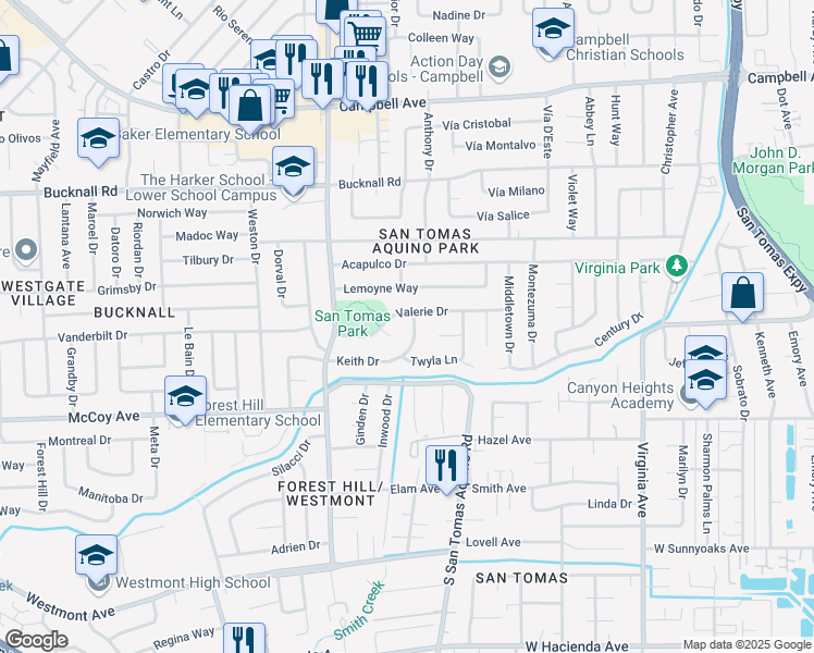 map of restaurants, bars, coffee shops, grocery stores, and more near 4065 Keith Drive in Campbell