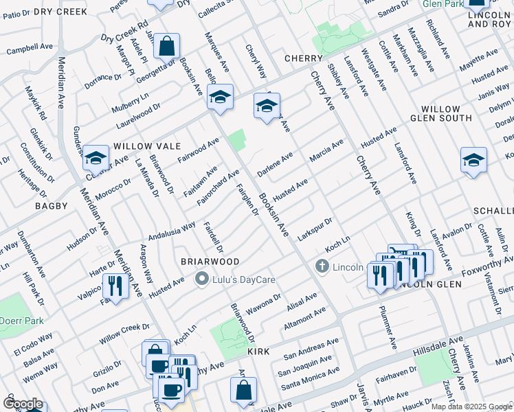 map of restaurants, bars, coffee shops, grocery stores, and more near 2490 Fairglen Drive in San Jose