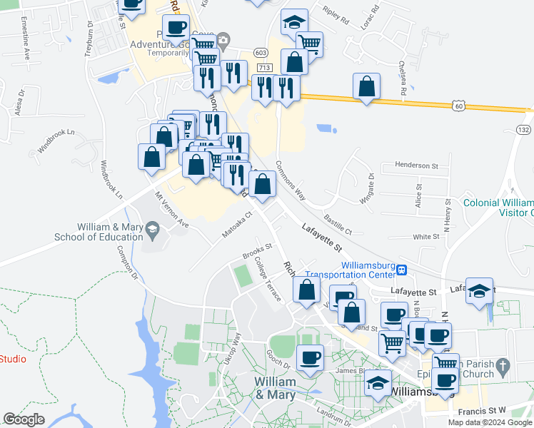 map of restaurants, bars, coffee shops, grocery stores, and more near 903 Richmond Road in Williamsburg