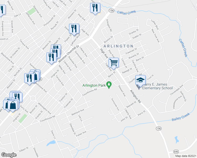 map of restaurants, bars, coffee shops, grocery stores, and more near 1505 Sunnyside Avenue in Hopewell