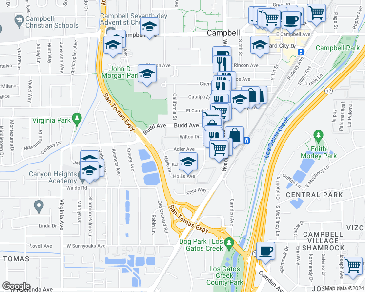 map of restaurants, bars, coffee shops, grocery stores, and more near 211 Adler Avenue in Campbell