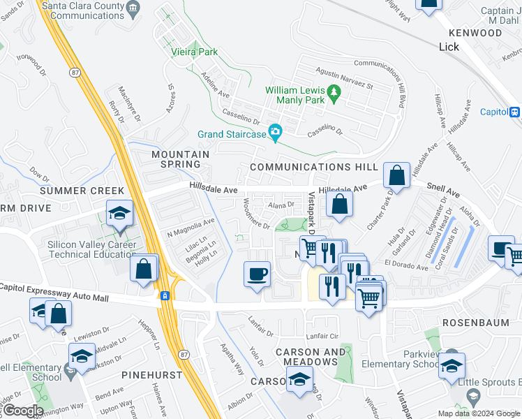 map of restaurants, bars, coffee shops, grocery stores, and more near 382 Castlemaine Court in San Jose