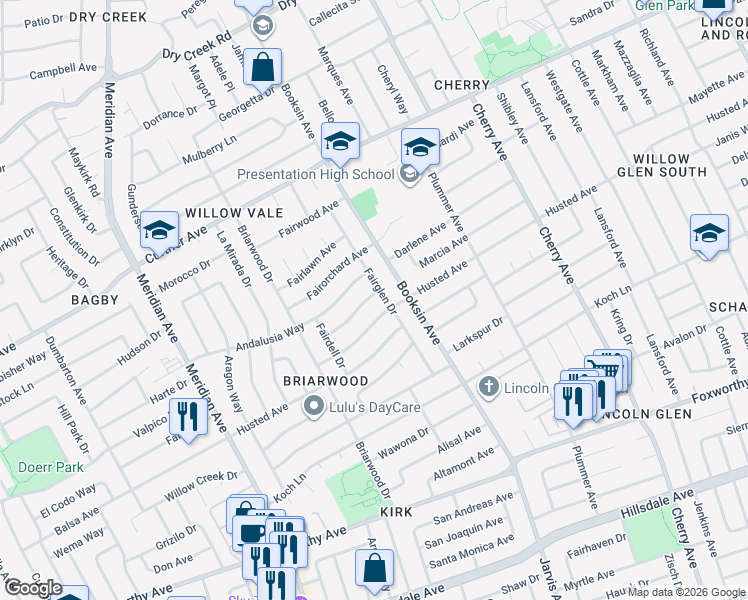 map of restaurants, bars, coffee shops, grocery stores, and more near 1605 Tiffany Way in San Jose
