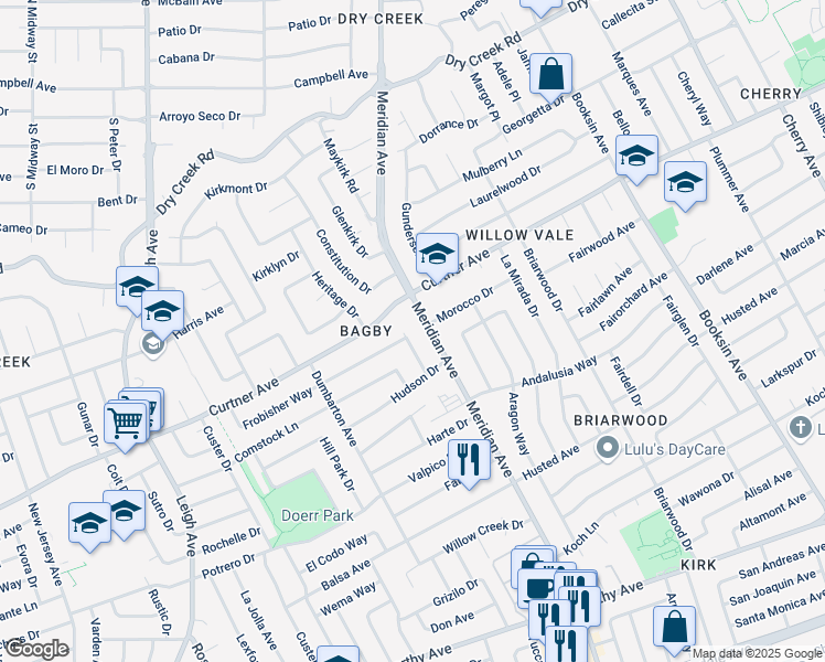 map of restaurants, bars, coffee shops, grocery stores, and more near 2444 Raleigh Drive in San Jose
