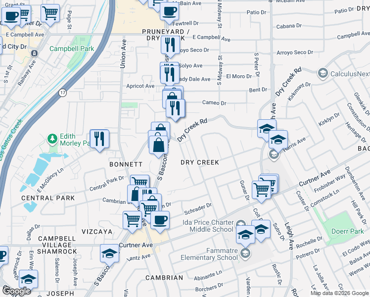 map of restaurants, bars, coffee shops, grocery stores, and more near 2305 Pauline Drive in San Jose