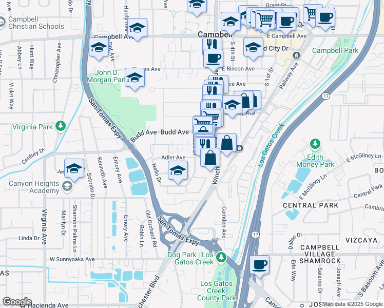 map of restaurants, bars, coffee shops, grocery stores, and more near 118 Wilton Drive in Campbell