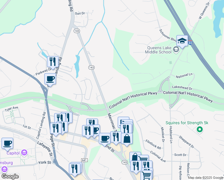 map of restaurants, bars, coffee shops, grocery stores, and more near 327 Merrimac Trail in Williamsburg