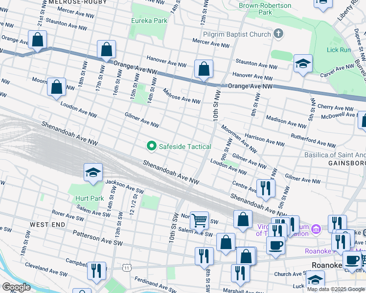 map of restaurants, bars, coffee shops, grocery stores, and more near 1118 Gilmer Ave NW in Roanoke