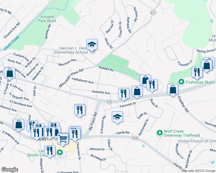 map of restaurants, bars, coffee shops, grocery stores, and more near 1117 Halliahurst Avenue in Vinton
