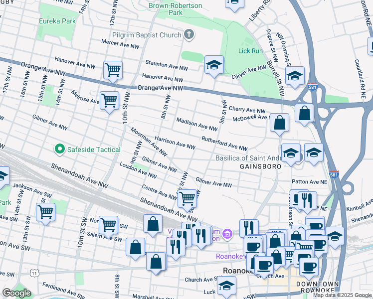 map of restaurants, bars, coffee shops, grocery stores, and more near 614 Harrison Avenue Northwest in Roanoke