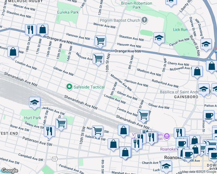 map of restaurants, bars, coffee shops, grocery stores, and more near 919 Gilmer Avenue Northwest in Roanoke