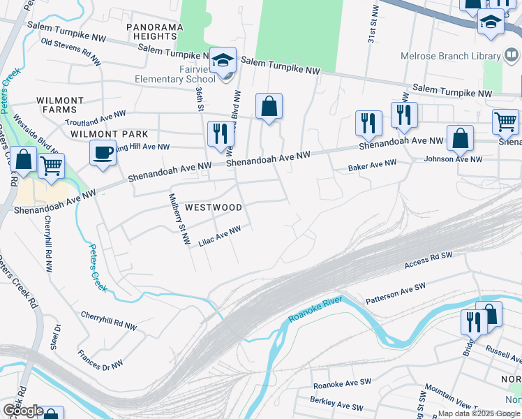 map of restaurants, bars, coffee shops, grocery stores, and more near 3438 Norway Avenue Northwest in Roanoke