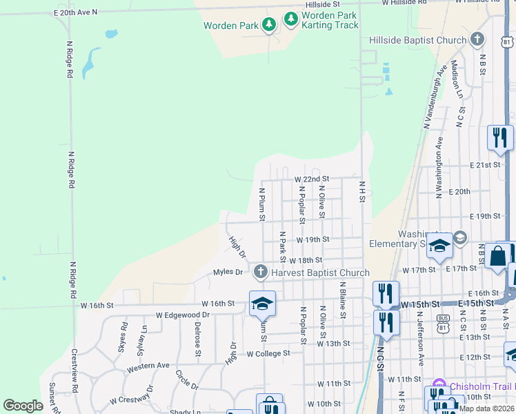 map of restaurants, bars, coffee shops, grocery stores, and more near 1502 North Plum Street in Wellington